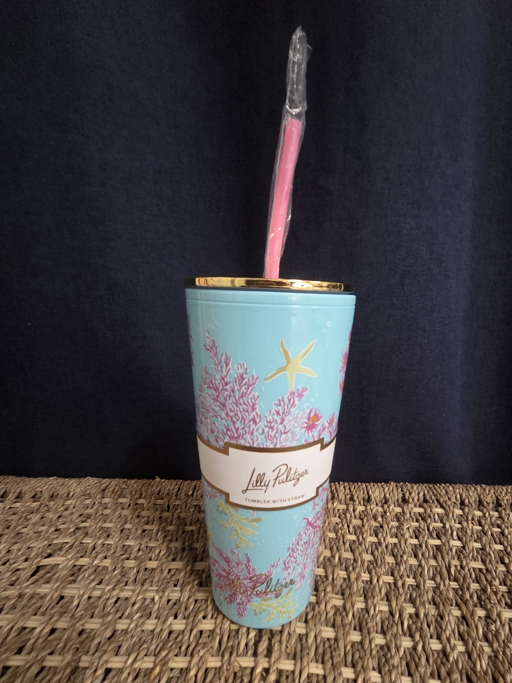 NWT Lilly Pulitzer Turquoise Tumbler with Pink Coral Motif Biz Z